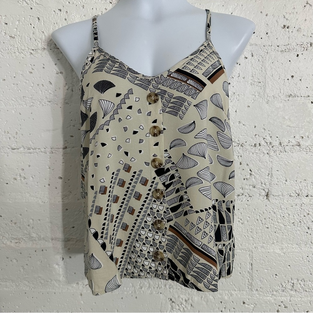 Paper Crane Womens Tank Top S Tan Cropped Faux Button Front 100% Rayon V Neck BJ